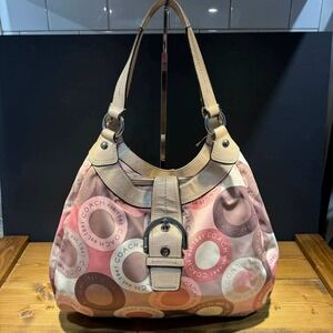 Coach Soho Hobo Snaphead 18440 Pink Logo Print Nylon Leather Shoulder Bag Y2K